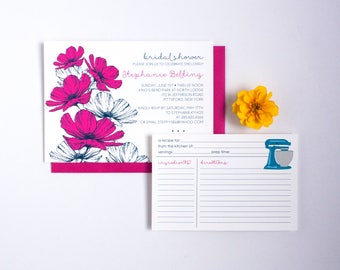 Contemporary Floral Bouquet Bridal Shower & Recipe Card Invitation Set - 5X7 Invitation with 4.25 X 5.5 Recipe Card