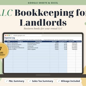 Small Business Bookkeeping Spreadsheet for Landlord LLCs | Schedule C and T2125 P&L, Sales Tax, Mileage
