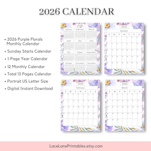 2026 Printable Monthly Calendar | Minimalist Wall Calendar | 13-Page Digital Download | US Letter Size | Sunday Start | PDF