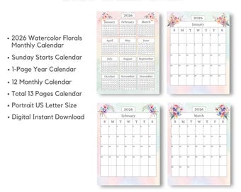 May include: A set of 2026 calendars with floral accents. The calendars include monthly views for January, February, and March, with a watercolor design. The text includes "2026 Calendar" and details about the calendar's features.