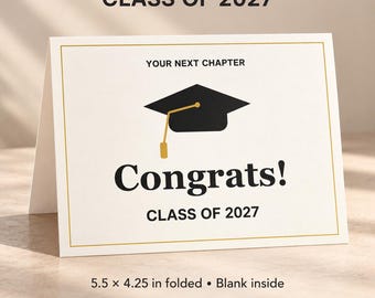 Afstudeerkaart 2027 printbaar, zwart-gouden felicitatiekaart, liggend formaat met vouw aan de bovenkant, blanco binnenkant, 5,5 x 4,25 inch, A4-formaat PDF
