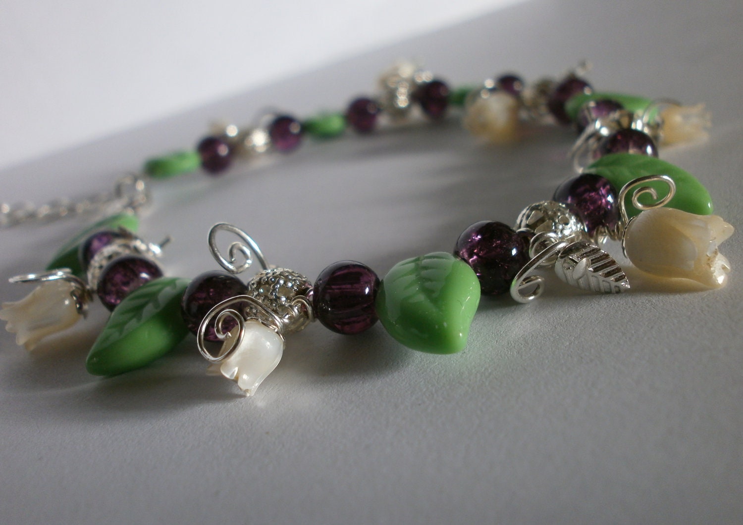 Purple glass bead silver bracelet with czech glass leaves Etsy