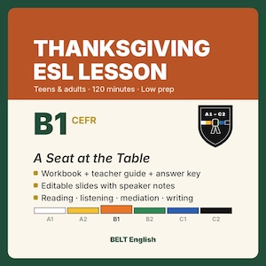 Plan de clase de inglés como segundo idioma (ESL) para el Día de Acción de Gracias, nivel B1, inglés intermedio, para adolescentes y adultos, PowerPoint, hojas de trabajo, clave de respuestas.