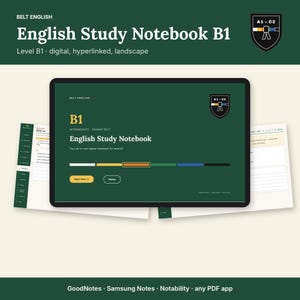 Cuaderno de estudio de inglés B1, planificador digital ESL intermedio, notas Samsung GoodNotes con hipervínculos, formato horizontal EOI Cambridge Trinity