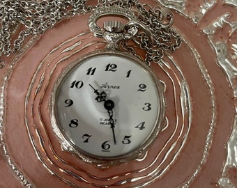 Vintage Arnex France Silver Tone Pocket Watch Necklace | Ornate Filigree Case | Statement Pendant Watch