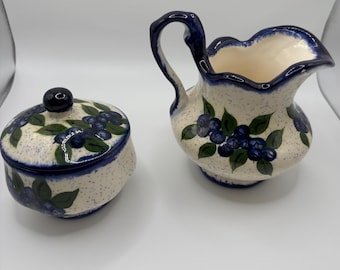 Vintage Maine Pottery Creamer Sugar Set: Hand-Painted Blueberry Cottage Farmhouse Kitchen