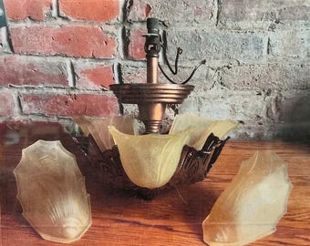 Antique Art Deco Chandelier | 5 Satin Amber Glass Shades, c. 1920s (Restoration Project)