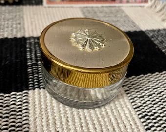 Pot pour vanité en verre vintage avec couvercle doré, décoration florale pour commode en poudre