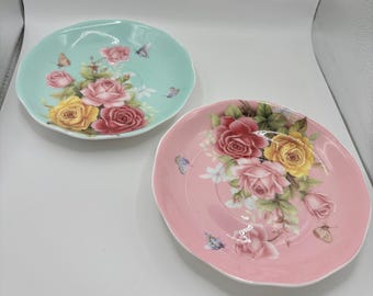 Vintage Style Floral Bone China Catchall Dishes | Cottagecore Vanity Trinket Plates | Pink & Aqua Rose Butterfly Decor | Set of 2