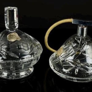 Vintage German Hand Blown Lead Crystal Perfume Set, Etched Stopper Bottle Atomizer
