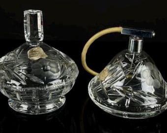 Vintage German Hand Blown Lead Crystal Perfume Set, Etched Stopper Bottle Atomizer
