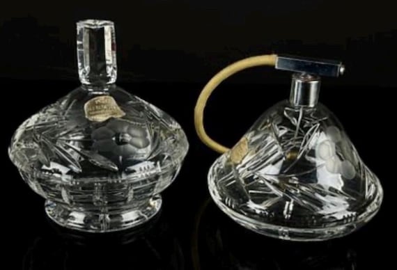 Vintage German Hand Blown Lead Crystal Perfume Set, Etched Stopper Bottle Atomizer