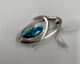 Vintage Abalone Shell Brooch Pin Silver Tone Modernist Oval Inlay Iridescent Ocean Jewelry