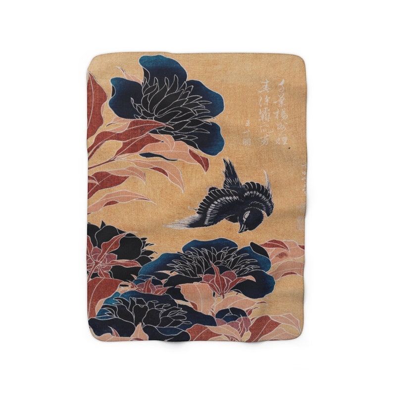 Japanese Flowers & Bird Sherpa Fleece Blanket Midnight Blue Japanese