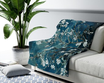 Vincent Van Gogh Almond Blossoms Dark Teal Sherpa Fleece Blanket| Classical Art Blanket| Teal Blanket