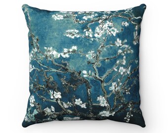 Vincent Van Gogh Almond Blossoms Dark Teal Spun Polyester Square Pillow