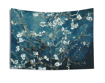 Van Gogh Wall Tapestry| Vincent Van Gogh Almond Blossoms Dark Teal Wall Tapestry| Van Gogh| Indoor Wall Tapestries