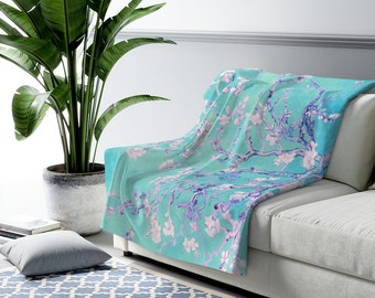 Aqua Lavender Vincent Van Gogh Almond Blossoms Sherpa Fleece Blanket| Classical Art Blanket| Teal Blanket