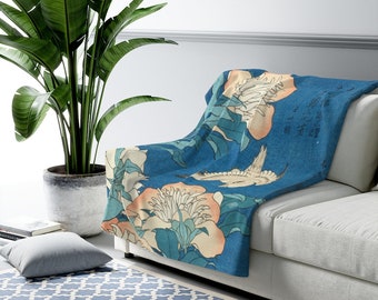 Japanese Flowers & Bird Sherpa Fleece Blanket| Teal and Peach Japanese Art Blanket