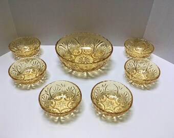 50s Amber Salad Bowl Set| Anchor Hocking Medallion Honey Gold 7 Piece Bowl Set