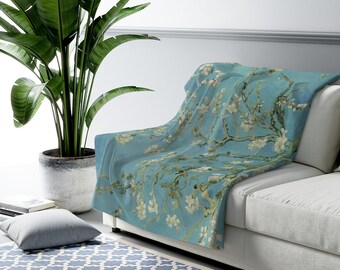 Vincent Van Gogh Almond Blossoms Sherpa Fleece Blanket| Classical Art Blanket| Teal Blanket