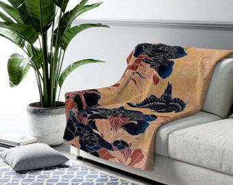 Japanese Flowers & Bird Sherpa Fleece Blanket| Midnight Blue Japanese Art Blanket