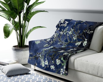 Vincent Van Gogh Almond Blossoms Dark Blue Sherpa Fleece Blanket| Classical Art Blanket| Blue Blanket