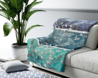 Van Gogh : Almond Blossoms Turquoise Teal Steel Blue Panel Art Sherpa Fleece Blanket| Classical Art Blanket| Teal Blanket