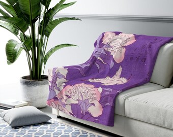 Japanese Flowers & Bird Fleece Blanket| Purple Pink Japanese Flowers and Bird Sherpa Fleece Blanket| Japanese Art Blanket| Purple Blanket