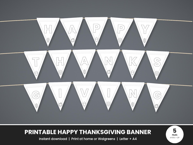 Happy Thanksgiving Banner Printable, Black and White Ink Saver Pennant ...