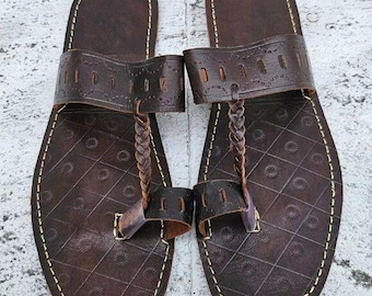 Dark Brown Braided Toe Loop Sandals for Men, Leather Style Flat Slip on Sandals, African Inspired Casual Footwear, Summer Shoes, Gift  Him