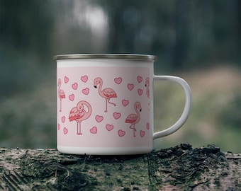 Pink Flamingo Fling Enamel Camp Mug, Pink Flamingos with Tiny Hearts, 12 oz Enamel Coffee Mug, Cute Camping Mug, Flamingo Lover Gift