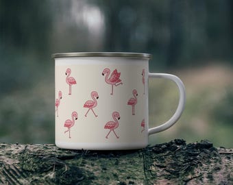 Flamingo Flock Enamel Camp Mug, Pink Flamingos, 12 oz Enamel Coffee Mug, Cute Camping Mug, Flamingo Lover Gift, Beachy Coffee Mug
