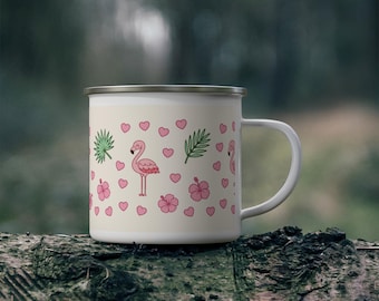 Flamingo Crush Enamel Camp Mug, Pink Flamingos with Green Palm Leaves, 12 oz Enamel Coffee Mug, Cute Camping Mug, Tropical Summer Mug