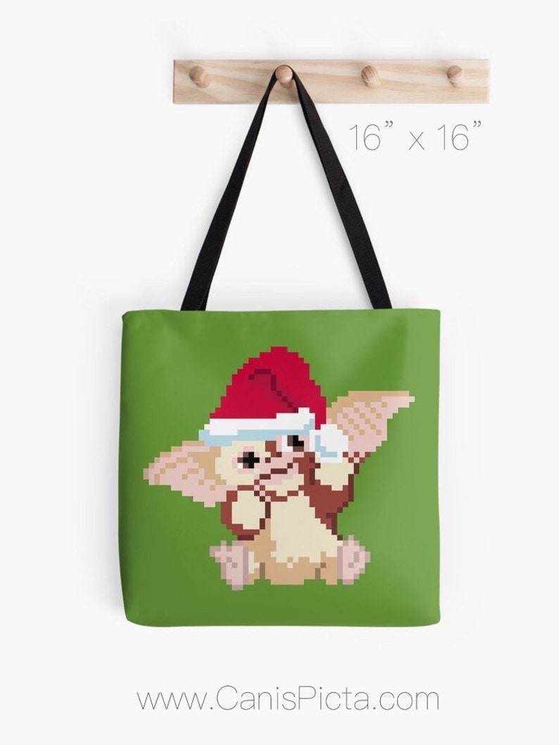 Christmas Gizmo Tote Bag Pop Art Carryall Reusable Purse Handbag Modern Green Red Santa Hat 8 Bit Pixel Gremlins Fandom Xmas Holiday 8bit