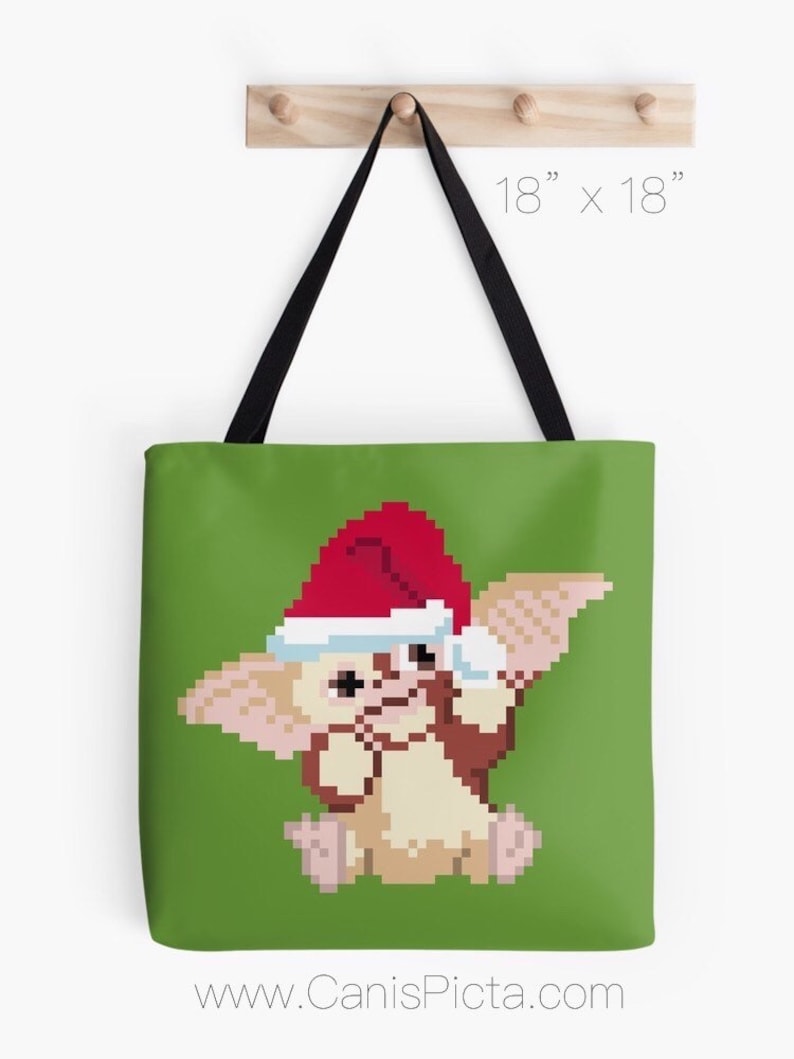 Christmas Gizmo Tote Bag Pop Art Carryall Reusable Purse Handbag Modern Green Red Santa Hat 8 Bit Pixel Gremlins Fandom Xmas Holiday 8bit