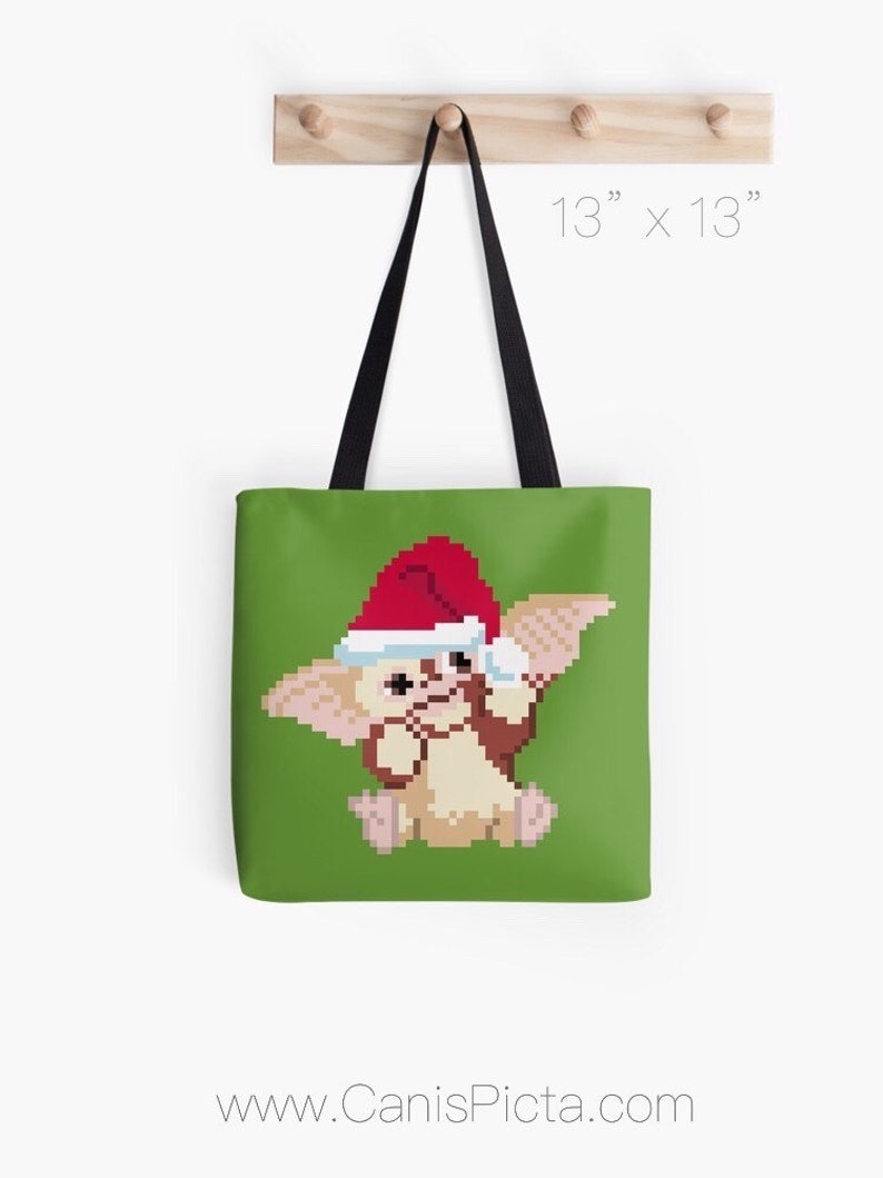 Christmas Gizmo Tote Bag Pop Art Carryall Reusable Purse Handbag Modern Green Red Santa Hat 8 Bit Pixel Gremlins Fandom Xmas Holiday 8bit