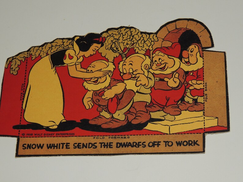 May include: Snow White, dressed in a yellow dress and red bodice, is saying goodbye to seven dwarfs. The dwarfs are wearing brown pants, red shirts, and yellow hats. The dwarfs are standing on a platform with a stone archway behind them. The image is from a vintage children's book.