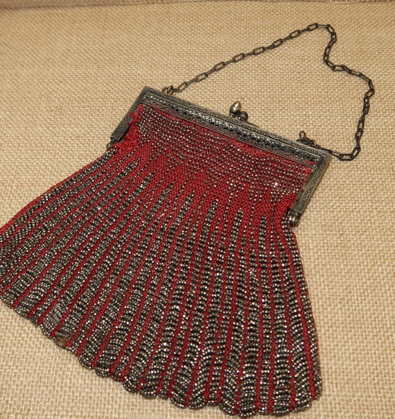 Antique Red Glass Beaded Crocheted Flapper Bag - image 2