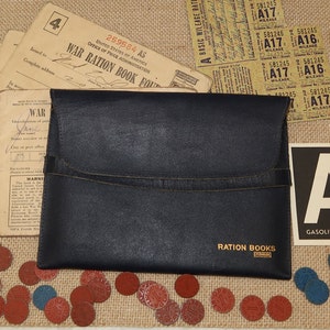 WW2 Era Blue Leather Raton Pouch, 29 Tokens, 6 Ration Books with Stamps