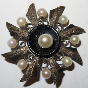 Antique Black Mourning Brooch with Pearls Accent