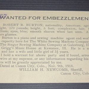 1914 Wanted For Embezzlement Post Card Sheriff to Chief of Police, San Francisco