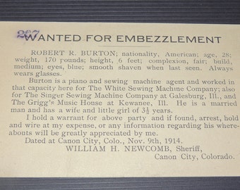 1914 Wanted For Embezzlement Post Card Sheriff to Chief of Police, San Francisco