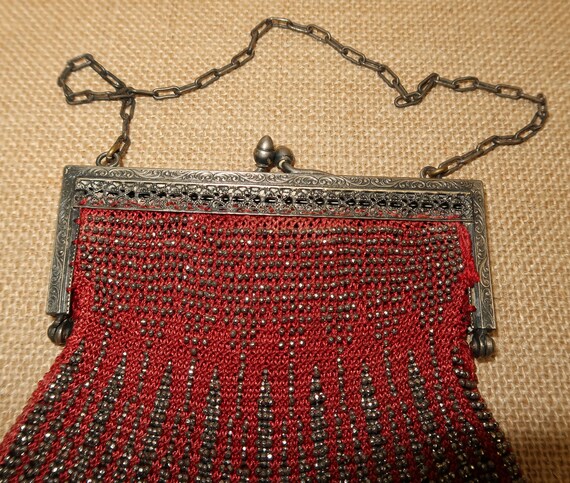 Antique Red Glass Beaded Crocheted Flapper Bag - image 4