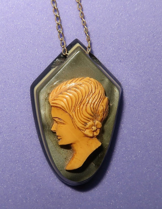 Vintage Bakelite Cameo Pendant on a Gold Filled C… - image 1