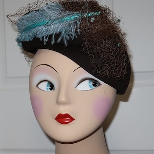 1940s Chocolate Brown Felt Hat with Aqua Blue Feather