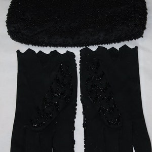 Early 1960s Beaded Jet Black Gloves and Evening Bag