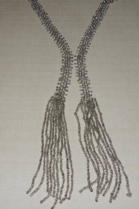 1920s Silver Glass Beads Flapper Necklace, drop i… - image 2