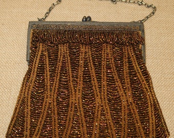 Antique Gold Color Glass Beaded Crocheted Flapper Bag