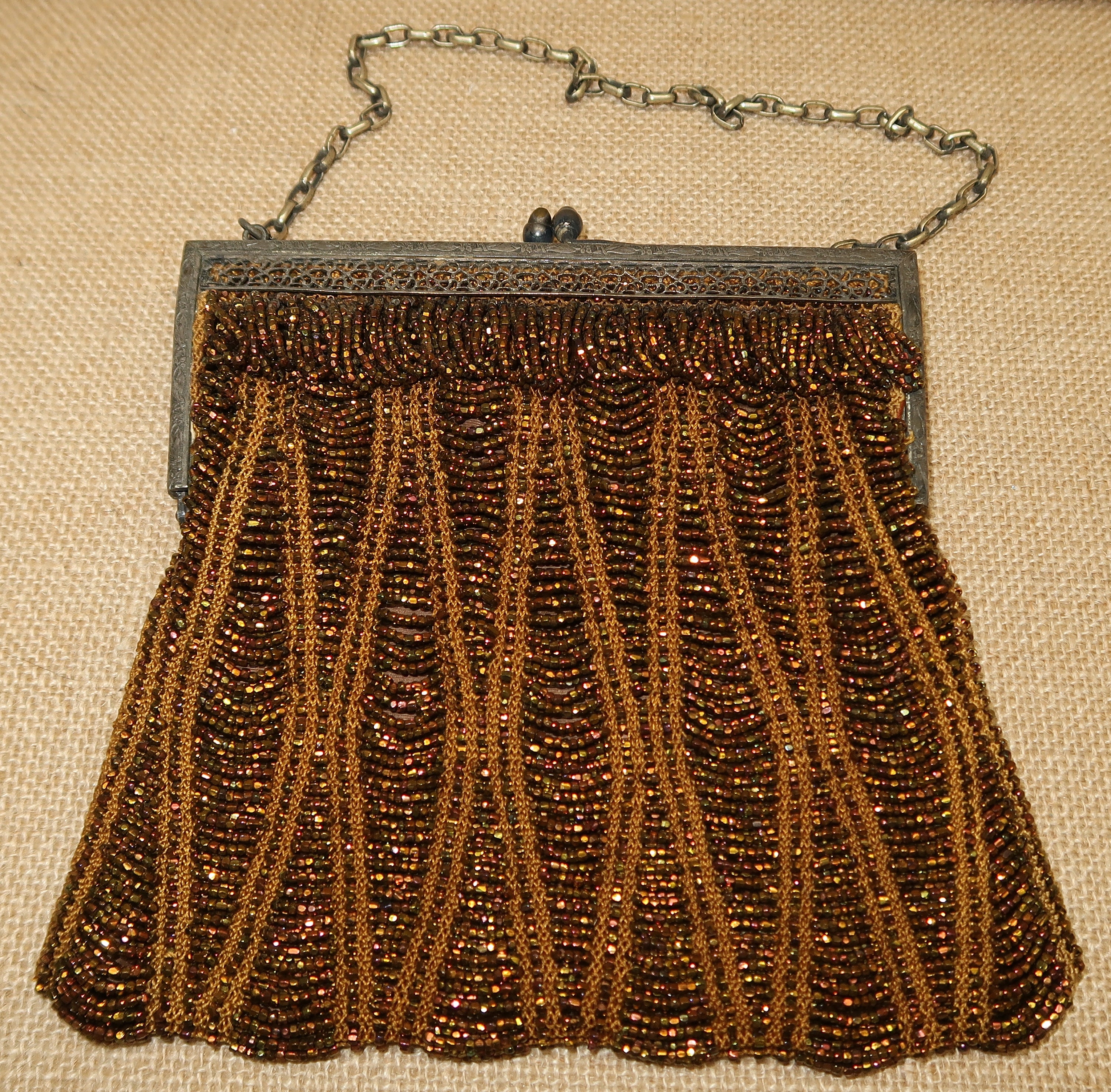 Antique French Lush Fringed Glass Bead Flapper Purse, Paisley Evening Bag, Gold, Silver 12.5 Long